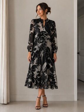 Taylor Black and Gray Long Sleeve Dress